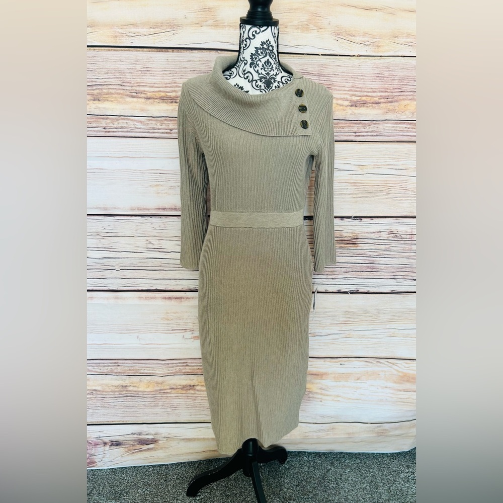 Studio One Women’s Tan Cowl Neck Ribbed 3/4 Sleeve Midi Sweater Dress XL NWT
